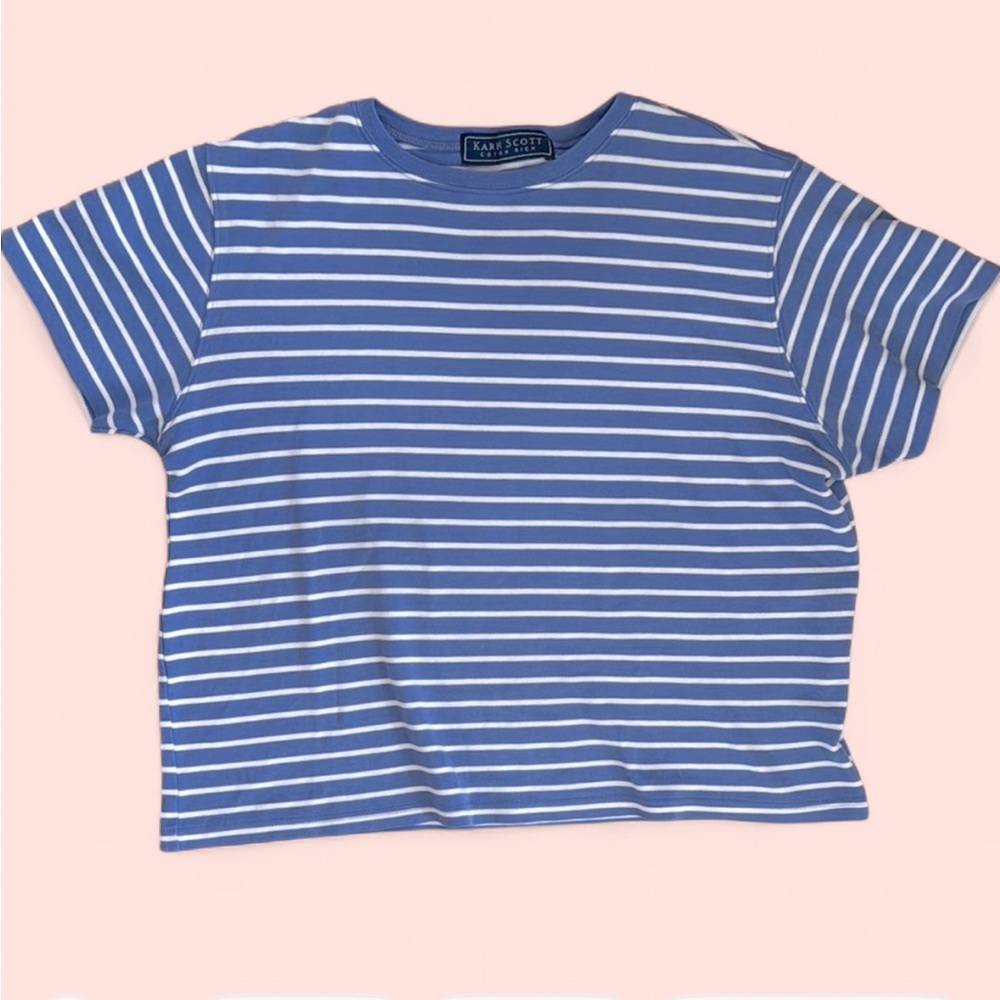 Karen Scott Blue and White Striped Short Sleeve Tee